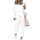 Women Loose Solid Color Long Sleeve Top Casual Drawstring Pants with Pockets-White