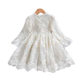 Flower Girls Wedding Dress Lace Short Sleeve Tulle Summer Vintage Dresses-White