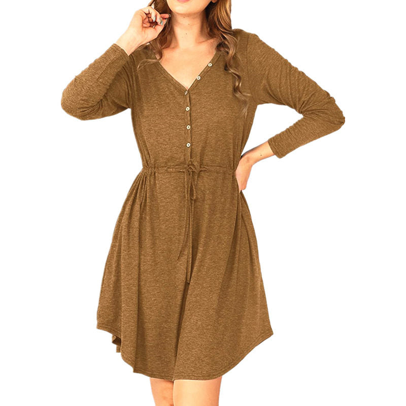 Ladies Casual V Neck Button Long Sleeve Tunic Dress-Khaki