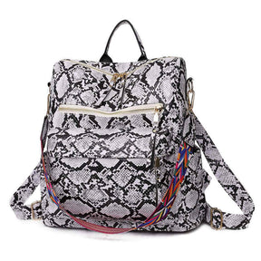 Fashion Backpack Multipurpose Print Leather Travel Shoulder Bag-White Snake Pattern