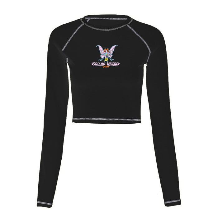 Girl Long Sleeve Clothing Graphic Print Summer Crop Top-Black