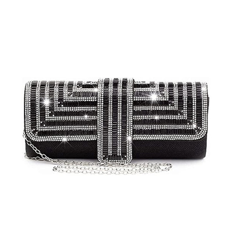 Womens Rhinestone Clutch Purses Evening Bags Sparkling Gliter with Chain-Black