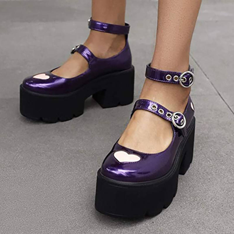 Womens Chunky Heel Goth Platform Mary Jane Lolita Wedges Dress Shoes-Purple