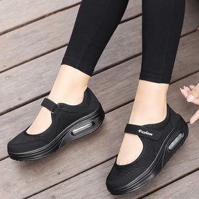 Women Casual Air Cushion Sneakers Velcro Mary Jane Shoes-Black