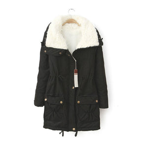 Women's Mid Length Winter Coat Thickened Warm Lamb Wool Lined Jacket-Black