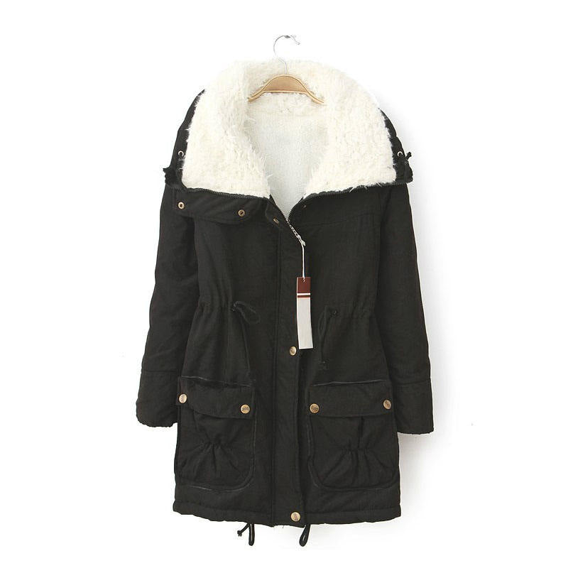 Women's Mid Length Winter Coat Thickened Warm Lamb Wool Lined Jacket-Black
