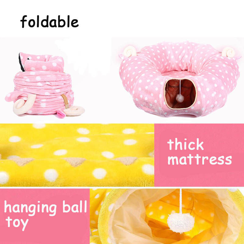 Cat Tunnel Soft Bed with Central Mat Foldable Toy-Pink