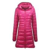 Womens Lightweight Puffer Jacket Hooded Winter Mid Length Coat-RoseRed