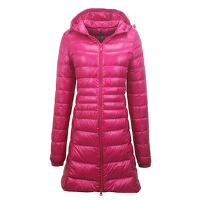 Womens Lightweight Puffer Jacket Hooded Winter Mid Length Coat-RoseRed