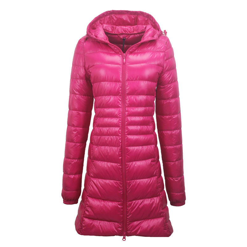 Womens Lightweight Puffer Jacket Hooded Winter Mid Length Coat-RoseRed