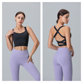 V Neck Longline Sports Bras Padded Wirefree Stretchy Yoga Camisole-Black