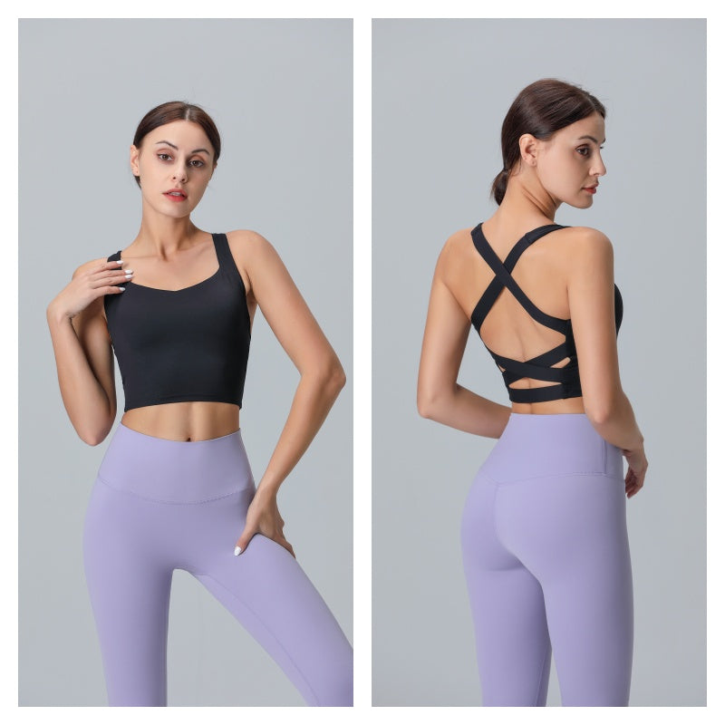 V Neck Longline Sports Bras Padded Wirefree Stretchy Yoga Camisole-Black
