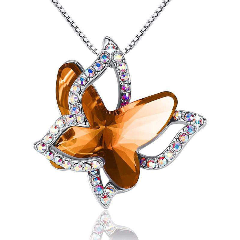 Butterfly Birthstone Crystal Pendant Necklace Gifts for Women Girls-Amber