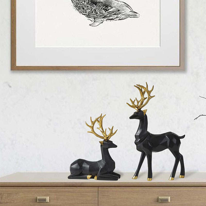 2Pcs Nordic Resin Geometric Elk Sitting Standing Deer Statues for Living Room-Black