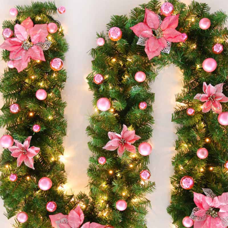 2.7M Christmas Garland with Lights Rattan Artificial Garland Green for Indoor Home Fireplace Stair Decorations-Pink