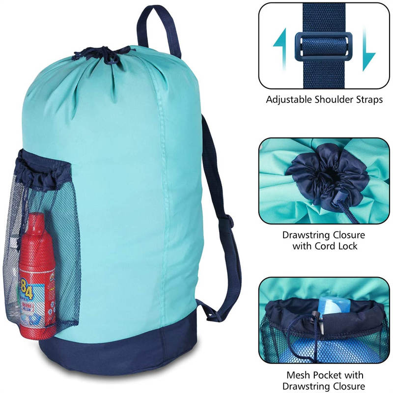 Backpack Laundry Bag With Shoulder Straps And Mesh Pocket Durable Nylon Clothes Bag for College Travel Laundromat -Sky Blue
