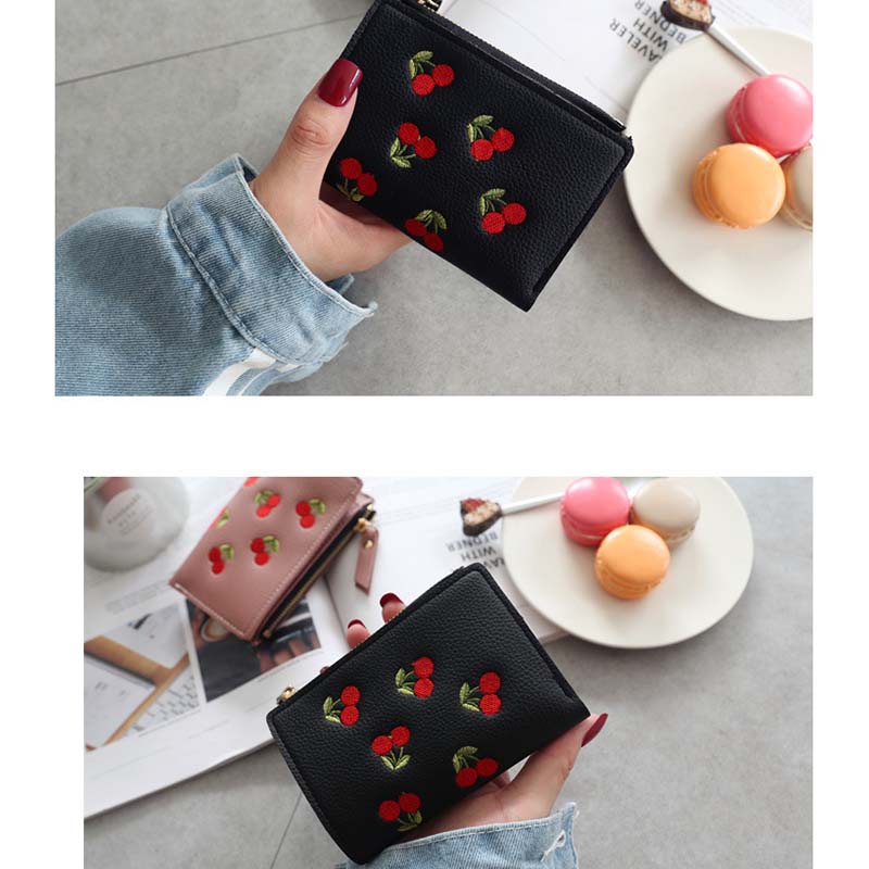 Women Cute Small Wallet Cherry Pattern Card Holder-Black