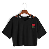 Fashion Embroidery Teen Girls Rose Crop Top Short Sleeve T-Shirt-Black