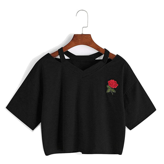 Fashion Embroidery Teen Girls Rose Crop Top Short Sleeve T-Shirt-Black