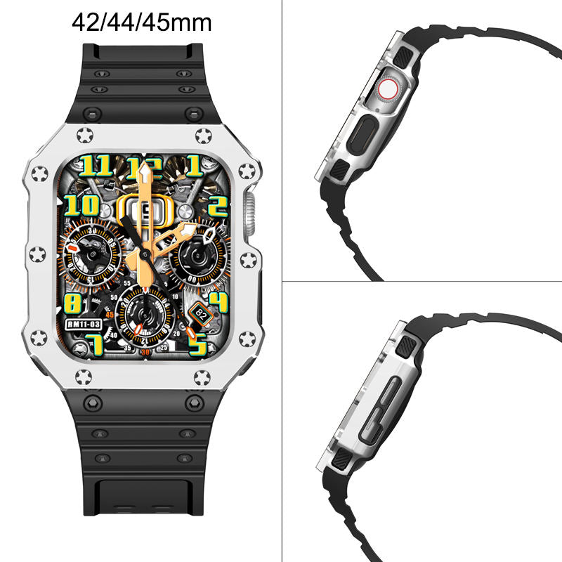 Sport Rugged Watchbands with Bumper Case Compatible for Apple Watch-Silver Black