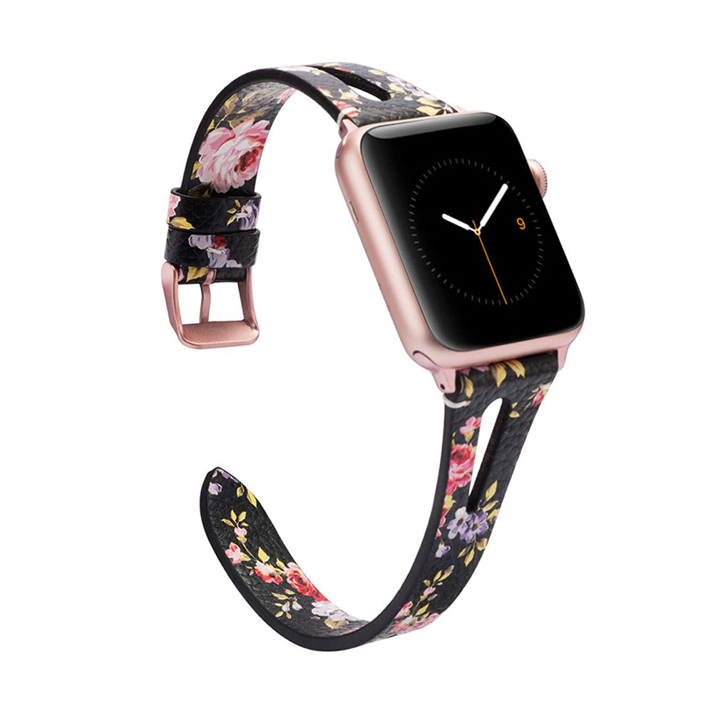 Fashion Triangle Hole Leather Watch Band For Apple Watch SE/6/5/4/3/2/1(Pink Flower)