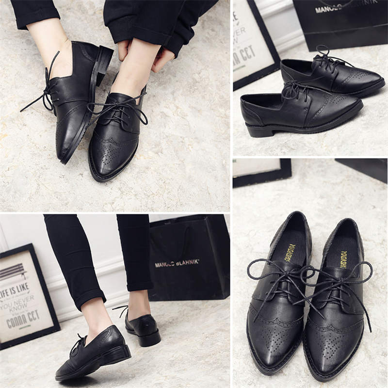 Womens Lace-up Brogue Shoes Classic Wingtip Leather Oxfords Low Heel-Black