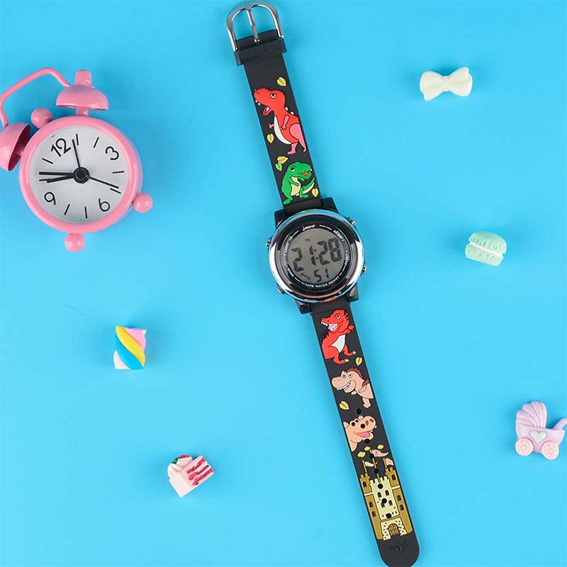 Kids Watchs 3D Cartoon Dinosaur Pattern Waterproof Silicone 7 Color Lights Watch-Black