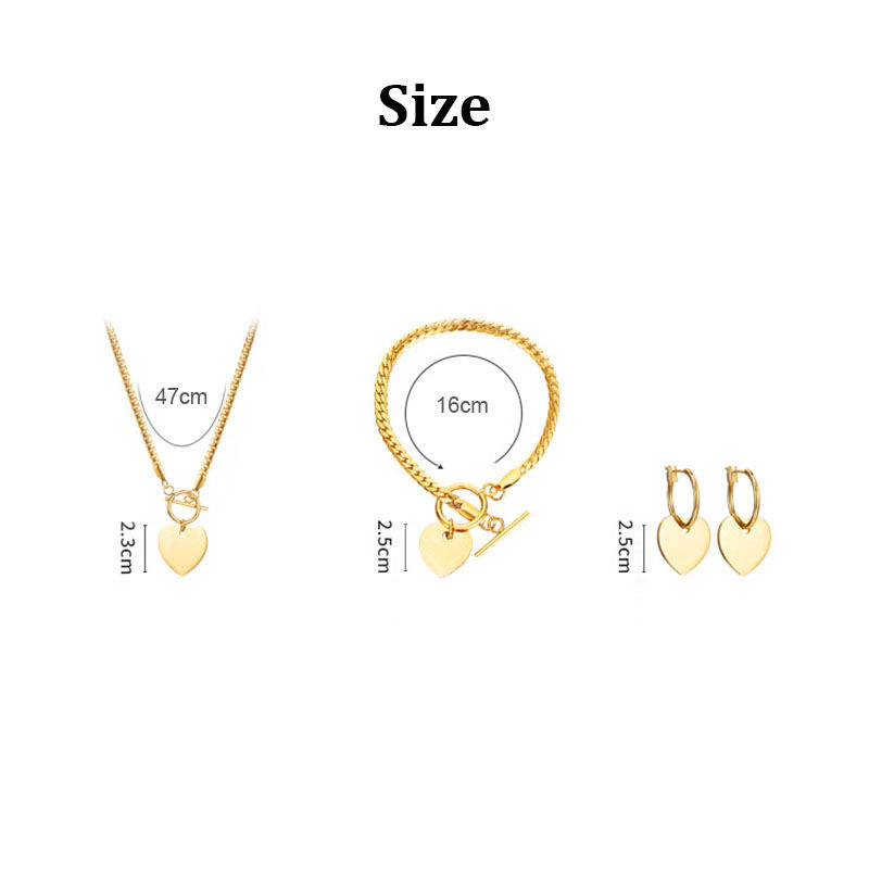 Heart Pendant Necklace Bracelet Earrings 3 Piece Set-Gold