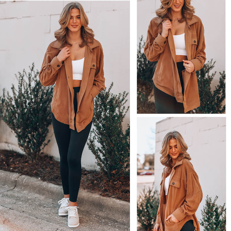 Lookbook Womens Fleece Long Sleeved Shirt Casual Boyfriend Blouse Top-Caramel