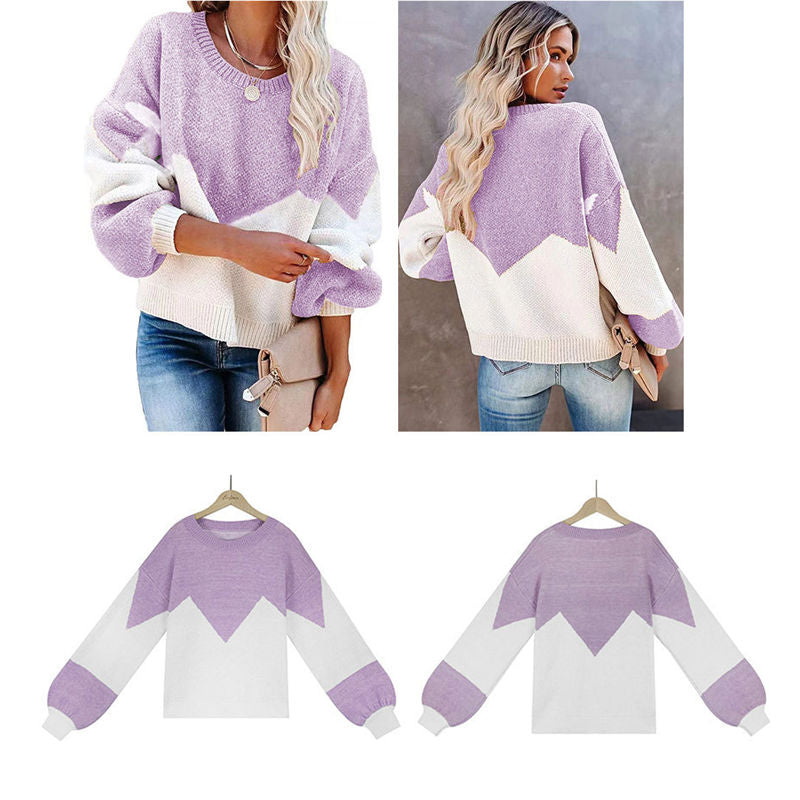 Womens Color Block Loose Knit Pullover Sweater Lantern Sleeve-Purple