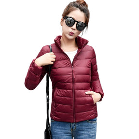 Lookbook Womens Lightweight Puffer Jacket Winter Stand Collar Short Coat-Wine Red