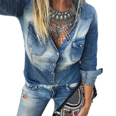 Womens Denim Shirt Distressed Long Sleeve Retro Tunic Tops