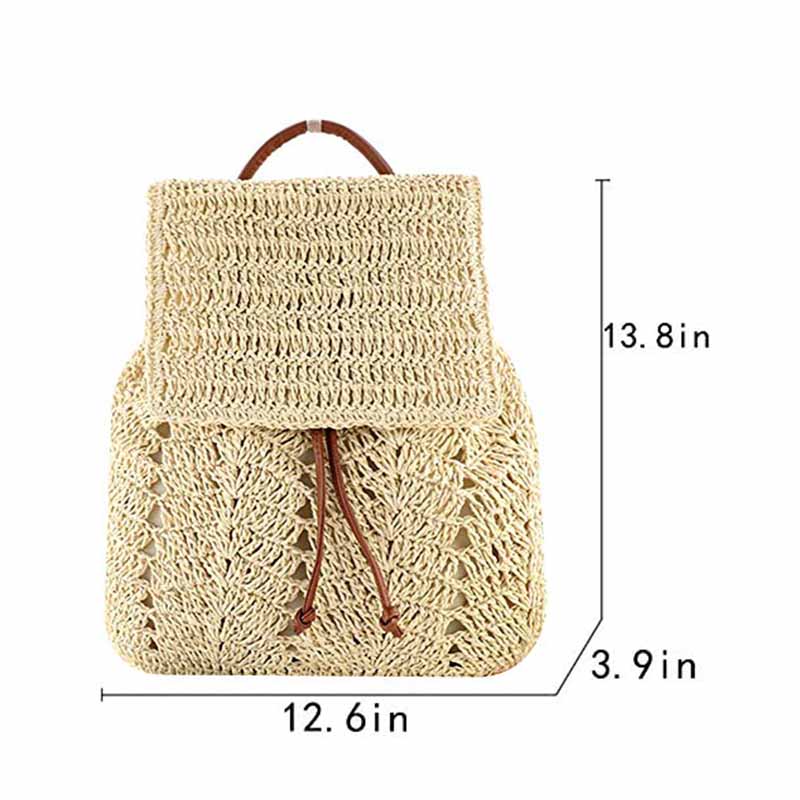 Women Straw Handmade Crochet Backpack Flap Drawstring Casual Beach Bag-Off White