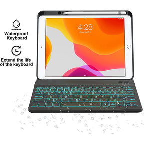 Removable Square Keyboard Case For iPad 7 Color Backlit with Pen Slot Wireless BT Lightweight Case-Black