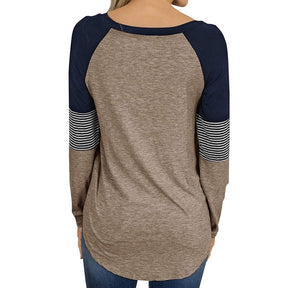 Womens Color Block Round Neck Tunic Top Casual Long Sleeve Shirt-Brown