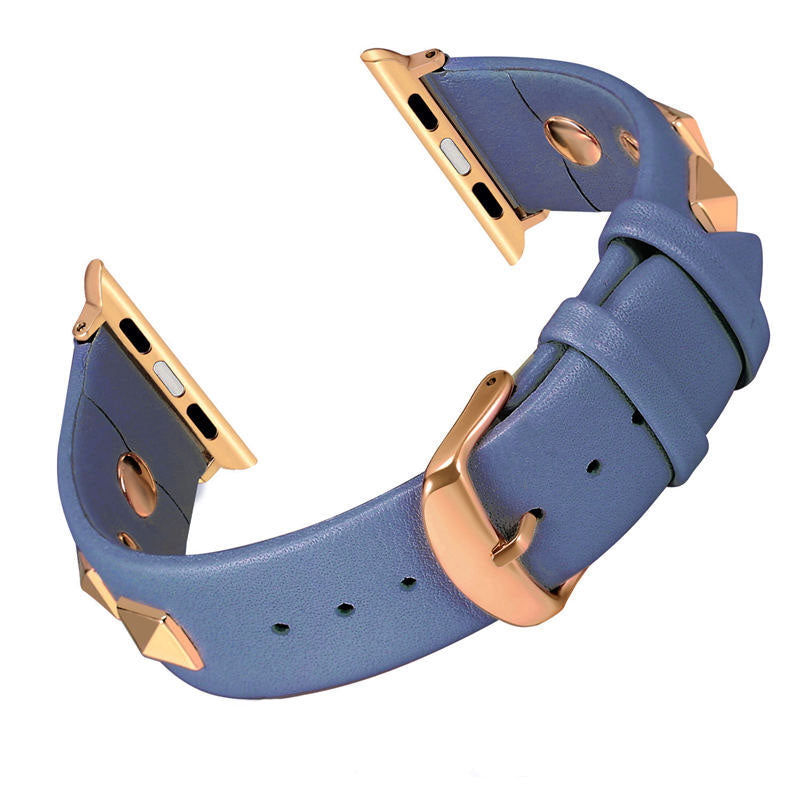Stylish RoseGold Rivets Leather Replacement Band for iWatch Series 6/5/4/3/2/1/SE-DarkBlue