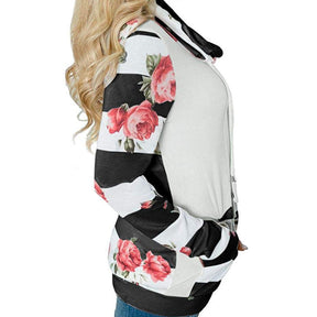 Womens Striped Floral Stack Neck Sweatshirt with Pockets-Black