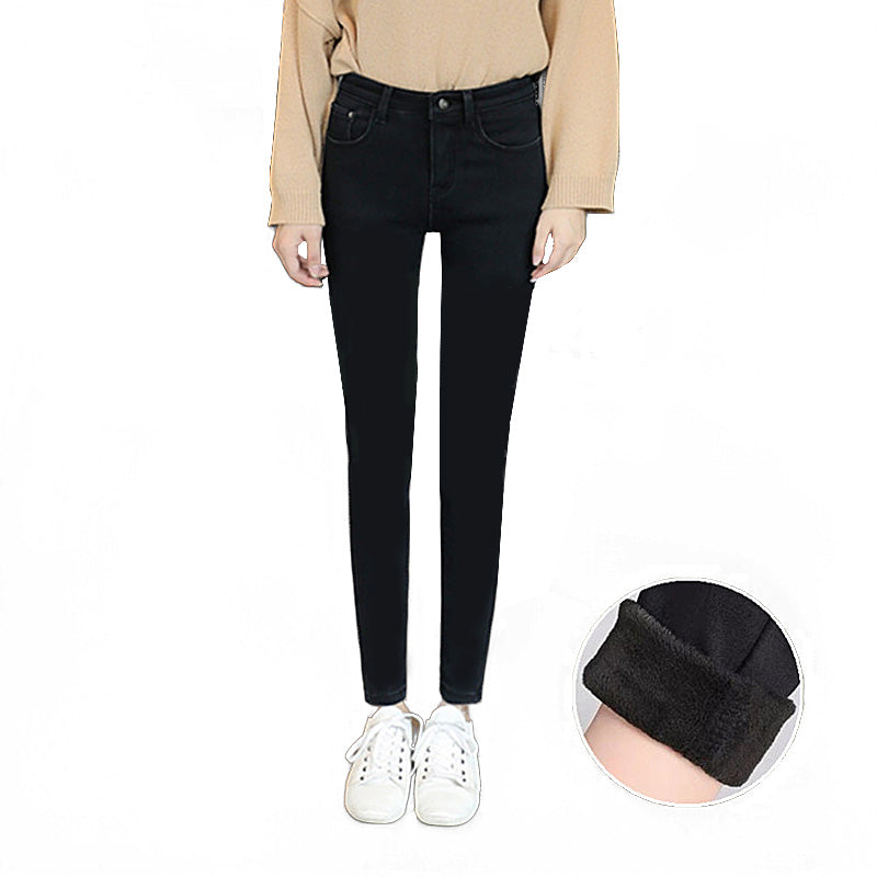 Womens Fleece Jeans with Pockets High Waist Stretch Trousers-209-Black