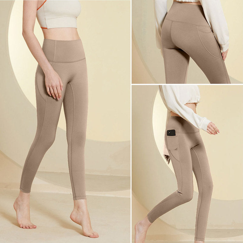 Womens Legging with Pockets High Waisted Fleece Lined Workout Pants-Khaki