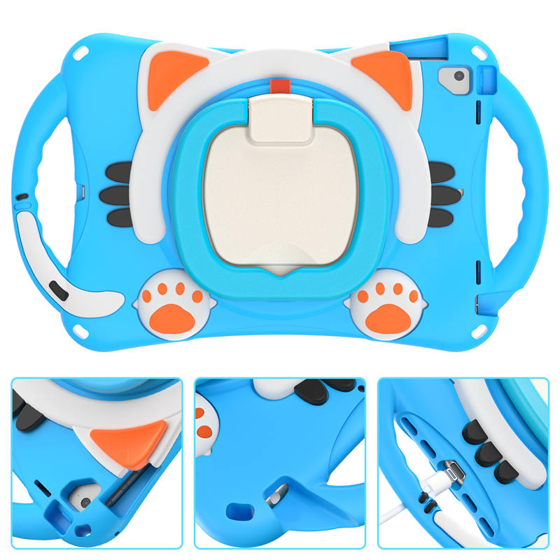 CatB Silicone Case For iPad Pro 9.7 inch Air1/2 Shockproof Shoulder Strap Handle Stand-Light Blue