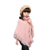 Girls Fall Loose Knitted Pullover Sweaters Poncho Tassel Turtleneck Cloak Cape-Pink