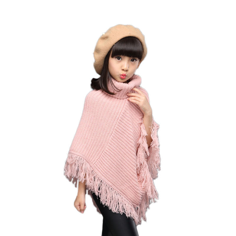 Girls Fall Loose Knitted Pullover Sweaters Poncho Tassel Turtleneck Cloak Cape-Pink