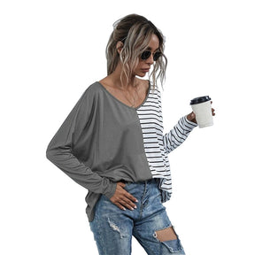 Womens Striped V-Neck Long Sleeve Tops-Grey