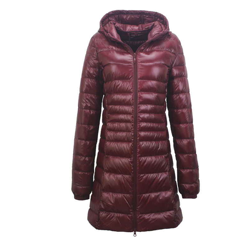 Womens Lightweight Puffer Jacket Hooded Winter Mid Length Coat-ZaoRed