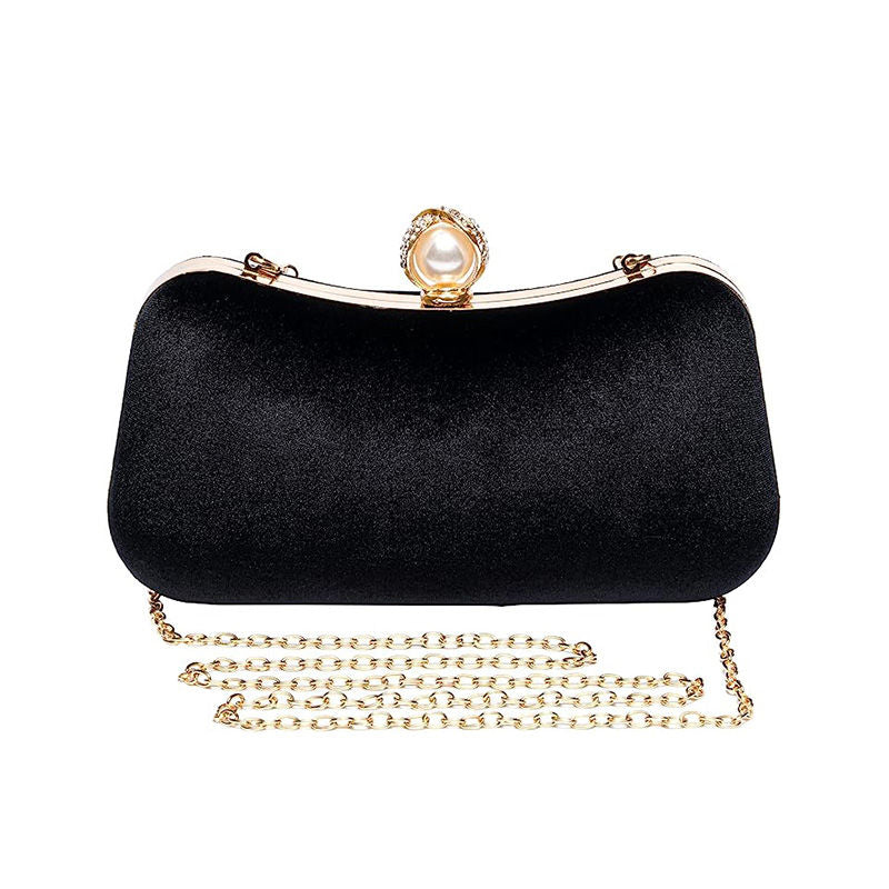 Velvet Evening Bags for Women With Flower Rhinestone Pearl for Party Wedding-Black