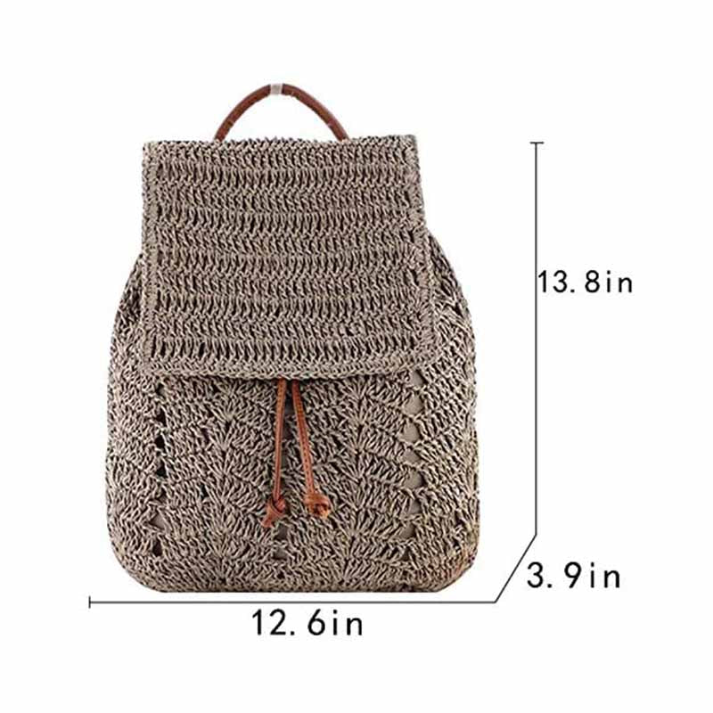 Women Straw Handmade Crochet Backpack Flap Drawstring Casual Beach Bag-Grey