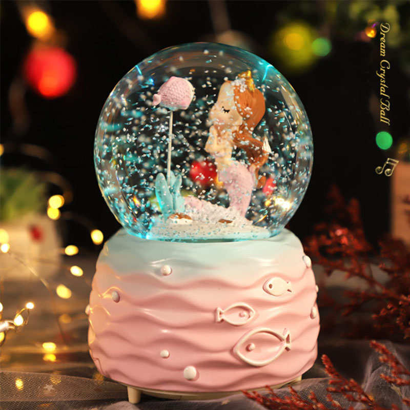 Mermaid Princess Snow Globes with Music LED Light Birthday Gift for Girls-Pink