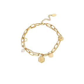 Gold Initial Bracelets for Women Letters Hexagon Pendant Chain-E