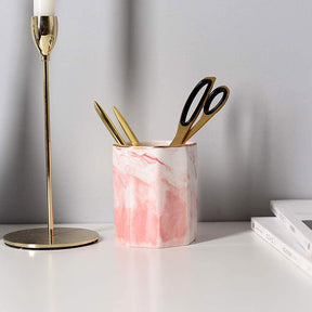 Ceramic Desk Pen Holder Stand Marble Pattern Pencil Cup Pot Desk Organizer Makeup Brush Holder -Pink