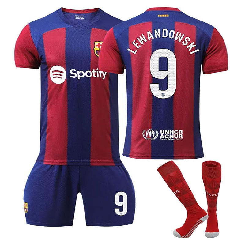 Barca Home Jersey LEWANDOWSKI #9 Soccer Jersey Kids Adult 3-Pieces Jersey Kits